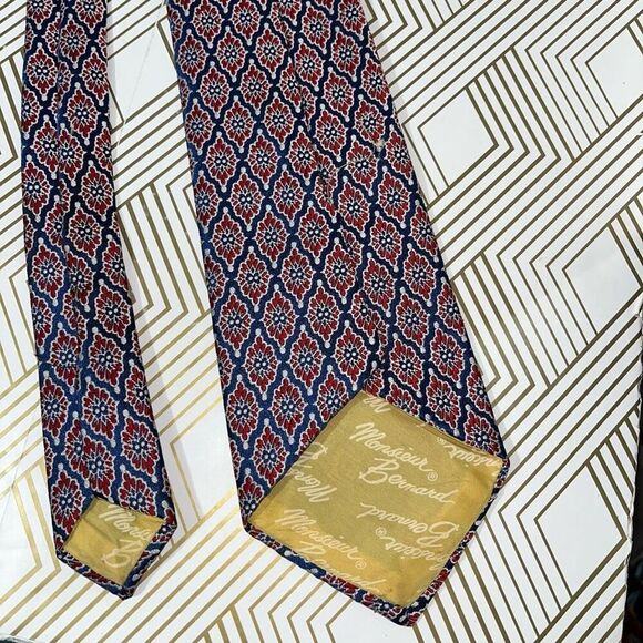 VTG Monsieur Bernard Mens Intricate Diamond Pattern Neck Tie Red Blue Floral‎ - Picture 3 of 4